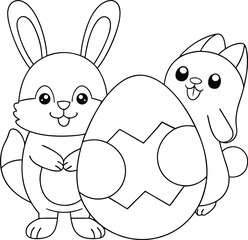 Adorable Easter Bunnies with Giant Decorated Egg Coloring Page