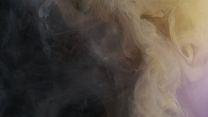 Fog fluid. Cosmic flow. Light beige paint oscillate on dark mystical water abstract background....