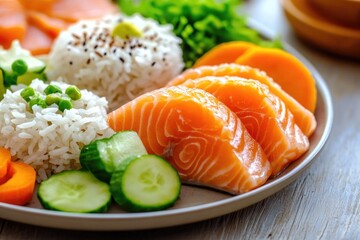 A colorful plate with rice, carrots, cucumbers, and salmon for a nutritious meal