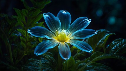 Fototapeta premium A mesmerizing close-up of a rare bioluminescent flower glowing softly in the moonlight, surrounded by lush green leaves