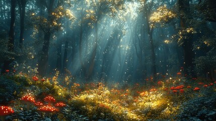 A serene forest scene with sunlight filtering through trees and vibrant red mushrooms.