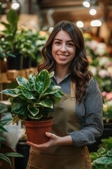 A woman in an apron holds a potted plant, suitable for home or office decoration
