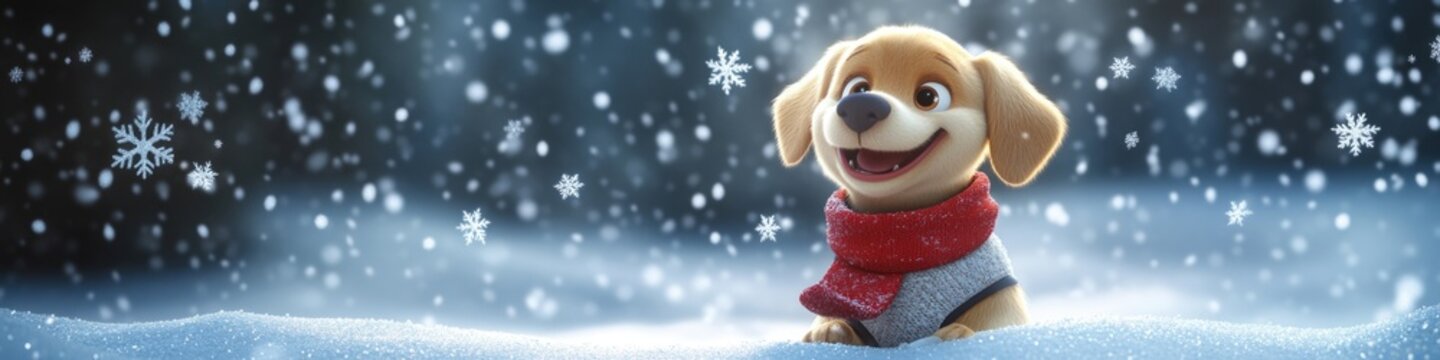 A dog wearing a red scarf playing in the snow, great for winter themes and pet photography