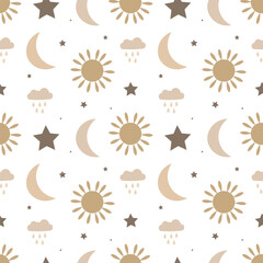 Seamless patten with sun, clouds, rain, stars and moon on a white background