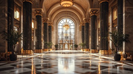 Obraz premium Grand marble hall with gold columns, arched ceiling, and large window.