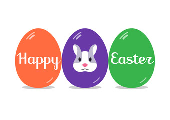 Happy Easter banner or greeting card with eggs and bunny. Vector illustration