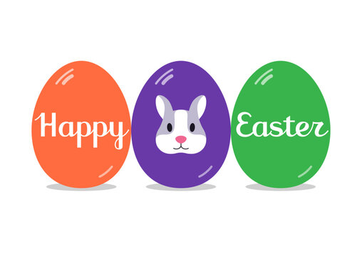 Happy Easter banner or greeting card with eggs and bunny. Vector illustration