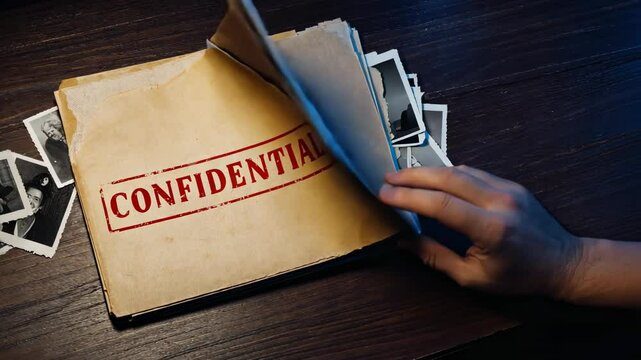 Confidential File Being Opened on Wooden Desk