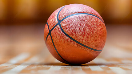 Basketball on court, indoor game, blurred background, sport imagery