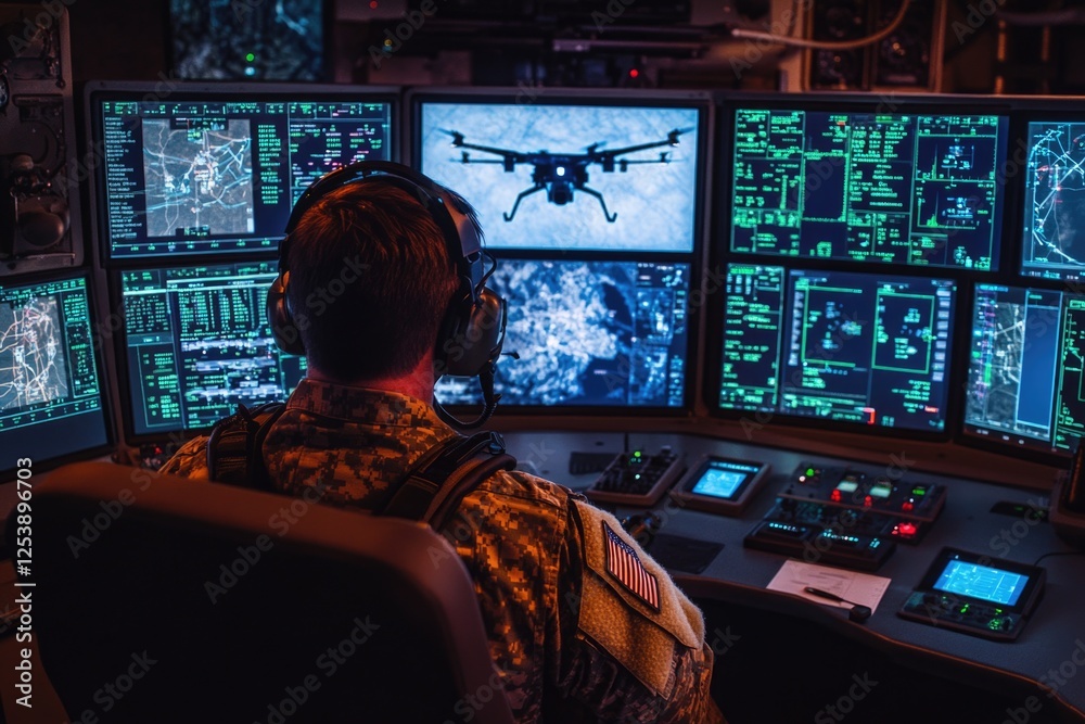 Poster a person sitting in front of multiple computer screens with focused expression