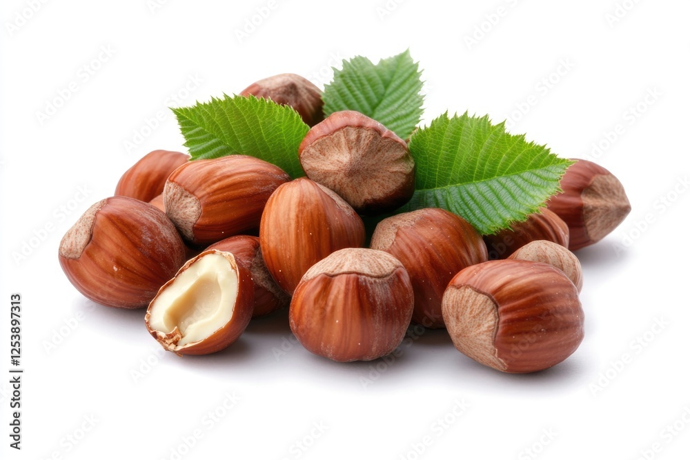 Poster a collection of hazelnuts surrounded by leaves on a white background