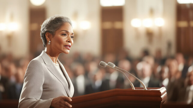 Black mature woman speaking at public event with audience in background