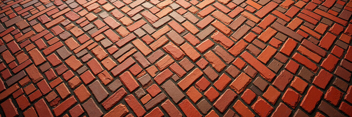 Textured red brick pavement with intricate herringbone pattern.
