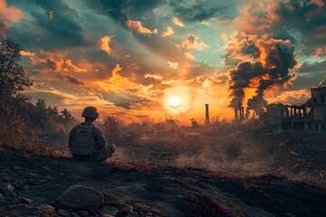 Soldier reflects on a devastated landscape at sunset amidst the remnants of war