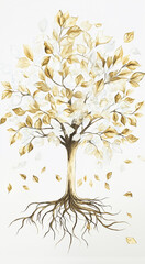 Fototapeta premium Golden tree art with leaves and roots in an abstract nature painting for luxury decor