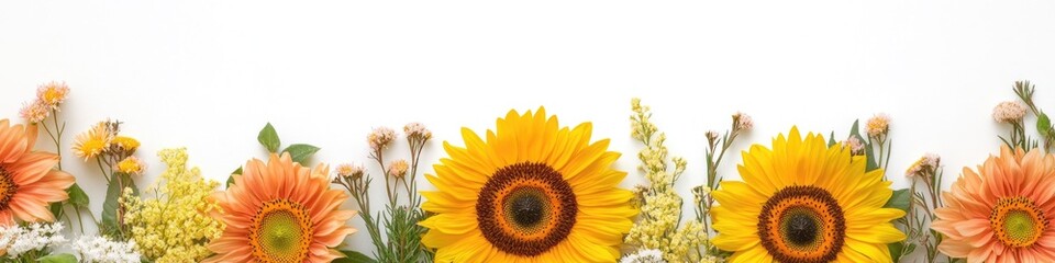 Obraz premium A row of bright yellow sunflowers arranged together
