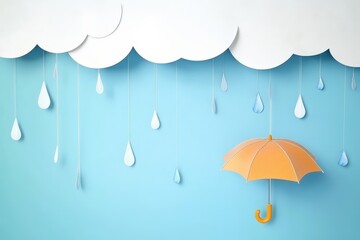 A visually appealing illustration featuring a playful orange umbrella under clouds with hanging droplets, creating a whimsical atmosphere that represents joy amidst rainy days.