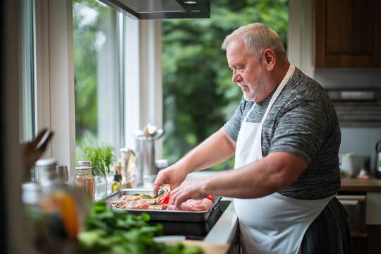 Senior chef in kitchen cooking a meal with delicious ingredients, preparation and culinary skills - Powered by Adobe