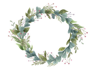 Watercolor hand illustration of a wreath of leaves and small flowers