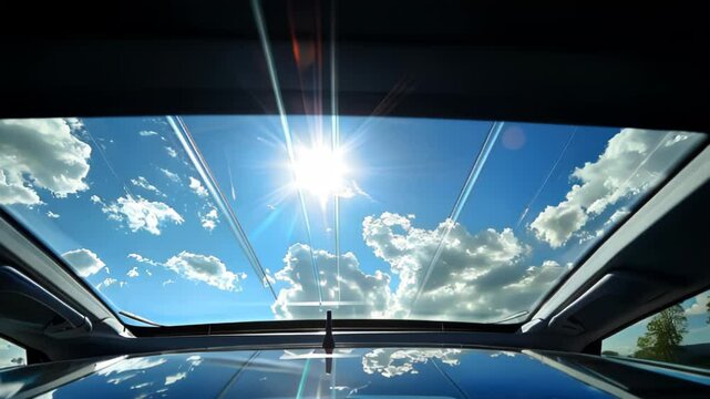 A panoramic view of the sky and sun through a car's sunroof.