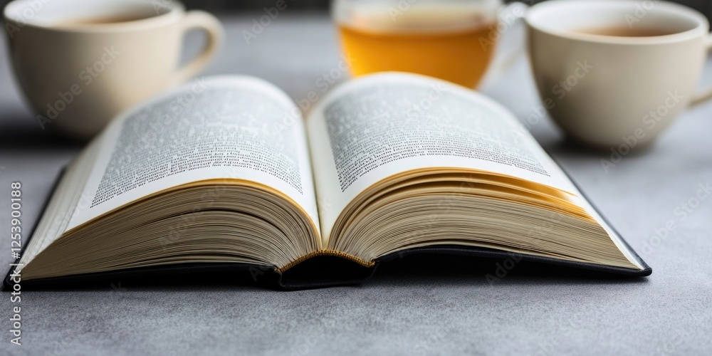 Poster an open book sits on a table beside two cups of coffee, perfect for studying or reading