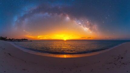 Obraz premium Milky Way galaxy arching over a tropical beach during a vibrant sunset at dusk.