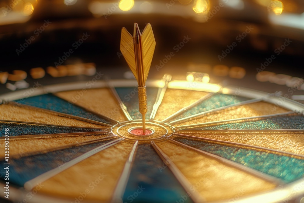 Poster a detailed view of a dart lodged in the center of a target, often used for archery or darts games
