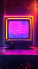 Obraz premium Retro-futuristic synthwave items with neon glow and 80s aesthetics