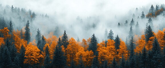 Obraz premium Autumnal forest shrouded in mist; scenic mountain vista; nature wallpaper