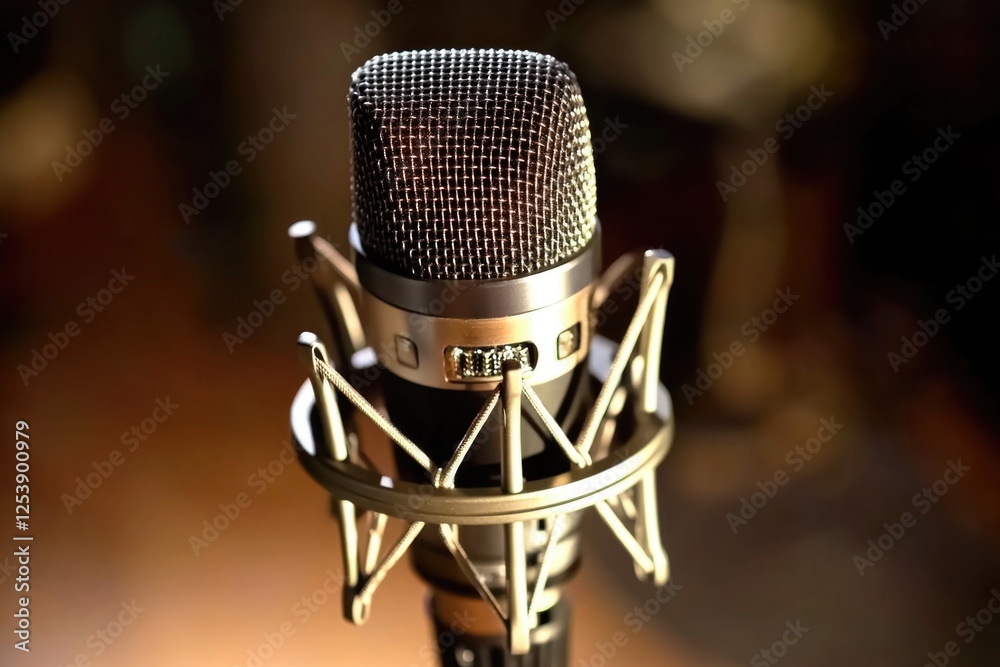 Poster a close-up shot of a microphone sitting on a table, ready for use