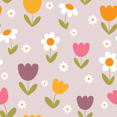 Seamless pattern with daisies and tulips. Spring flowers  background. Vector illustration. It can be used for wallpapers, wrapping, cards, patterns for clothes and other.