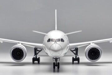 Fototapeta premium A detailed scale model of an airplane sits on a clean white surface