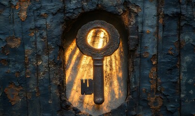 A vintage key glowing inside a weathered wooden keyhole creating a mysterious effect