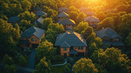 Golden Hour Aerial View of Suburban Houses Nestled in Lush Greenery