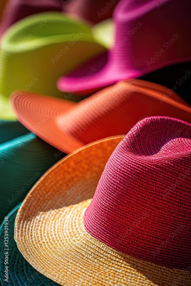 Poster close-up shot of several hats on a table, providing a unique perspective