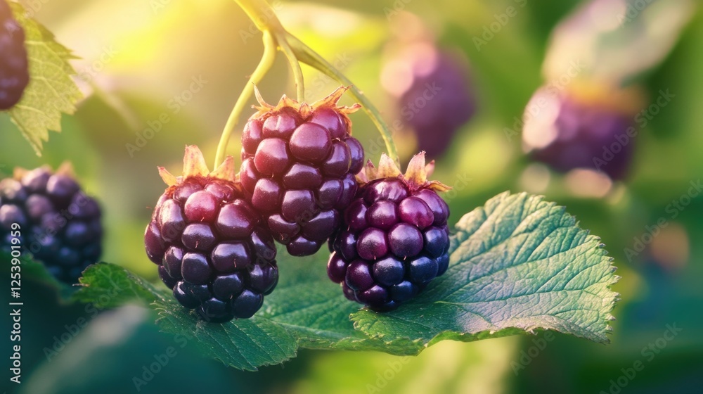 Poster a close-up view of a blackberry branch with ripe fruit