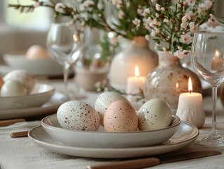 Obraz premium A minimalist Easter dinner table featuring white plates, crystal glasses, and a simple centerpiece with a few pastel-colored eggs and candles