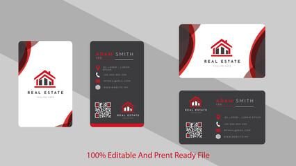 Real Estate Business Card Mockup: This professional, editable, and print-ready business card mockup features a sleek, modern design with a bold red house icon and a black and white color scheme.