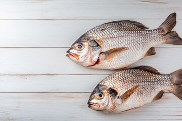 Freshly caught fish glistening on a rustic wooden background at a local market