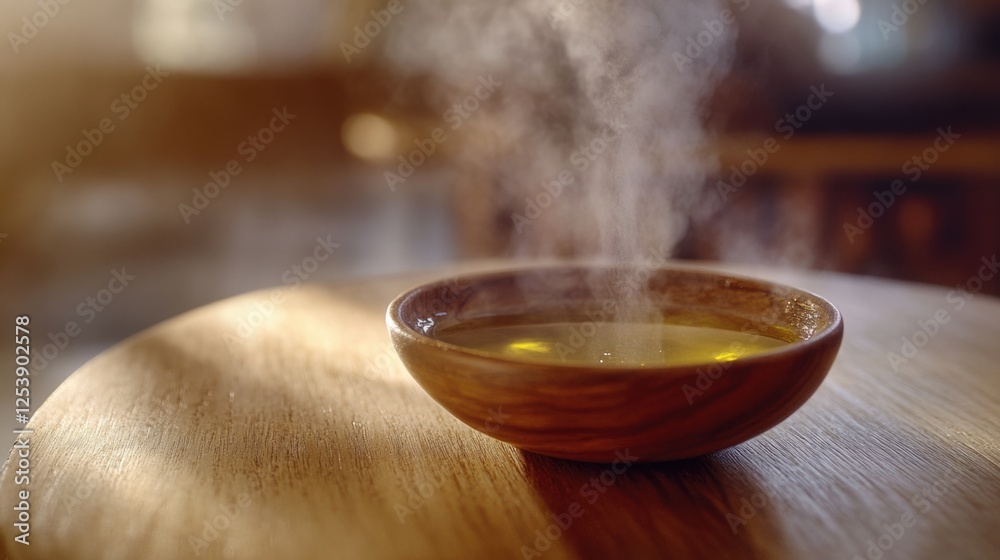 Poster a warm and inviting scene with a bowl of hot tea sitting on a table, perfect for use in everyday lif