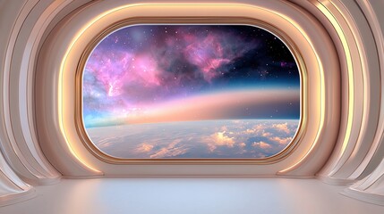 Futuristic Space Hotels by Luxury Space Hotel Suites with Panoramic Earth Views as Futuristic view of space with colorful clouds.