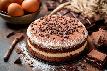 Indulging in chocolate cake surrounded by ingredients and textures of pastry bliss