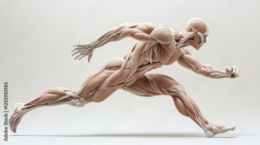 Poster detailed anatomical representation of the muscular system featuring intricate muscle fibers engaged 