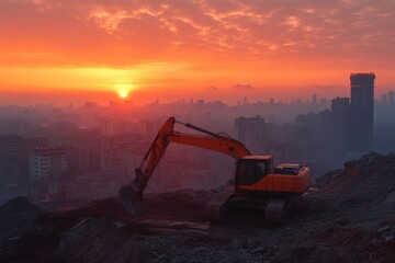 Excavator working at urban construction site during sunrise