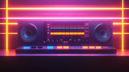 Fototapeta premium Retrowave objects in neon hues, showcasing a retro-futuristic look with 1980s elements, rendered in comic book style
