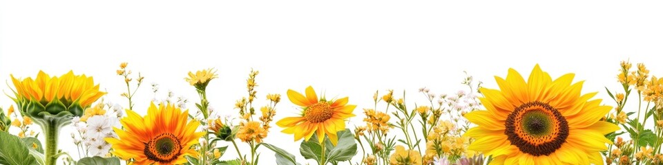 Fototapeta premium A sunny day scene with a large field of yellow sunflowers and a white sky