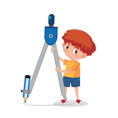 school kid holding geometric box blue color campass with blue color pencil in hand, dwawing on the paper