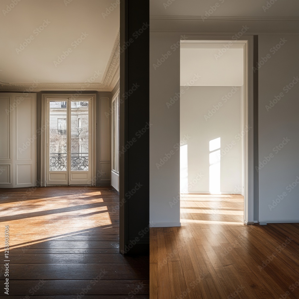 Poster Contrast between dark old interiors and bright modern design in a renovated room. Generative AI