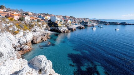 Obraz premium Scenic coastal village with houses perched on rocky cliffs overlooking a clear turquoise bay under a bright blue sky.