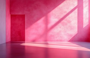 Empty interior Minimal scene. Modern 3d pink living room, office or gallery with shadows and sunlight from the window. Realistic wall mockup design for background